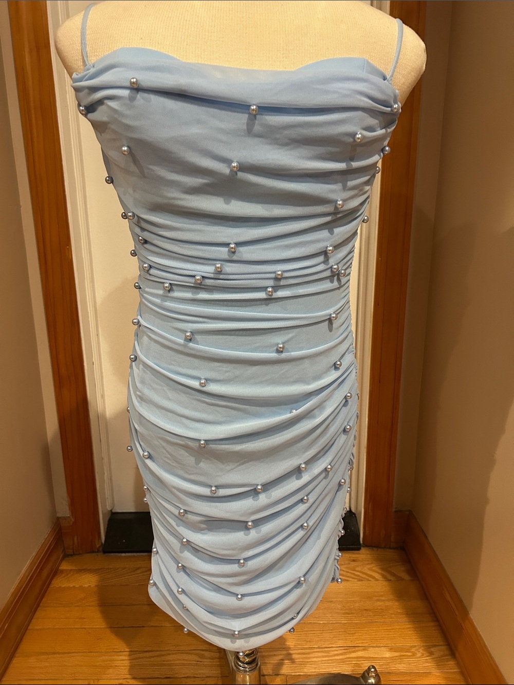 privy Light Blue Pearl-Embellished Ruched Midi Dress
